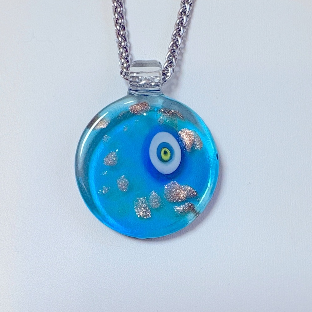 Blue Glass with gold venturine Glass Pendant on a stainless Steel 24” chain